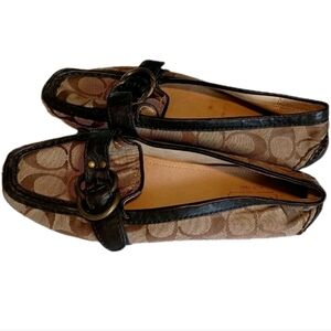 Coach Womens Y2K Signature Jacquard Flats Size 6.5 Brown Leather Trim Buckle